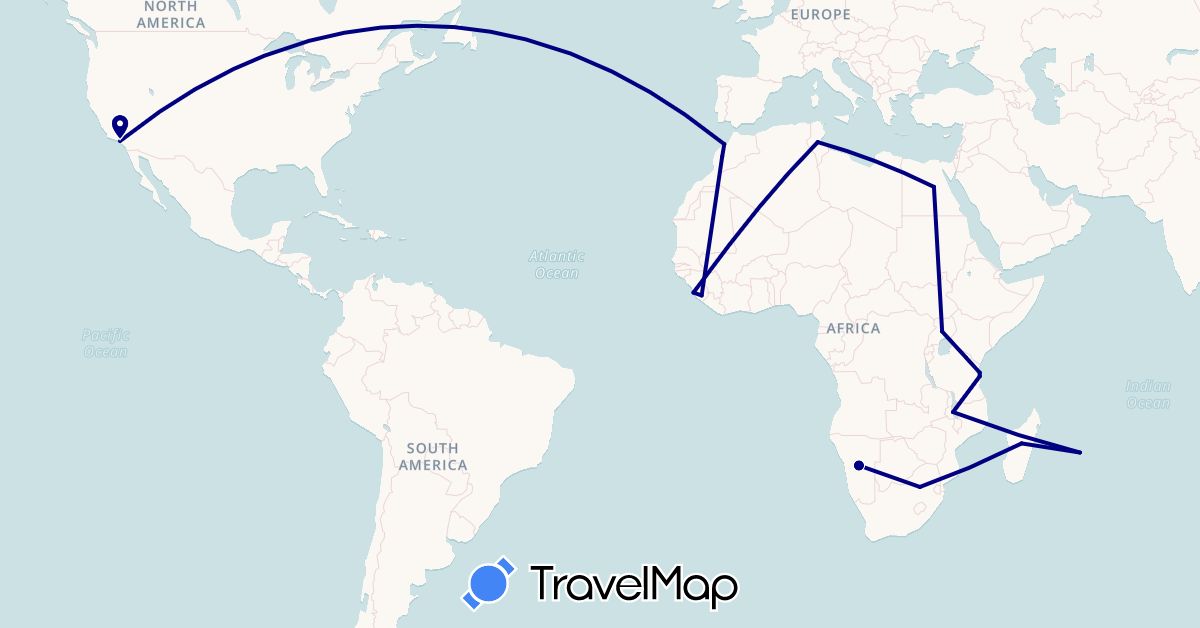 TravelMap itinerary: driving in Egypt, Morocco, Madagascar, Mauritius, Malawi, Namibia, Sierra Leone, Tunisia, Tanzania, Uganda, United States, South Africa (Africa, North America)